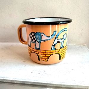 Smaltum Czech Prague enamel mug with dog cat and elephant